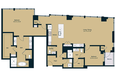 Floor plan for 3 beds, 3.5 baths, 2177 sqft